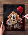 Personalized pet puzzle featuring a dog dressed as a clown, holding a red balloon.
