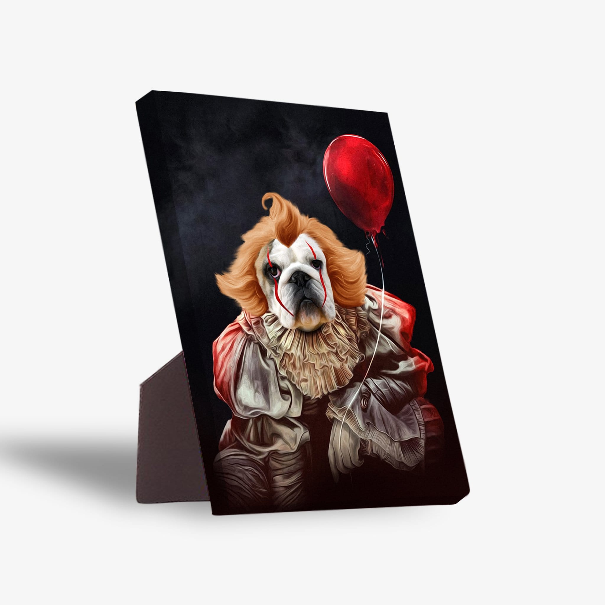 Personalized pet standing canvas featuring a dog dressed as a clown with a red balloon, on a black background.