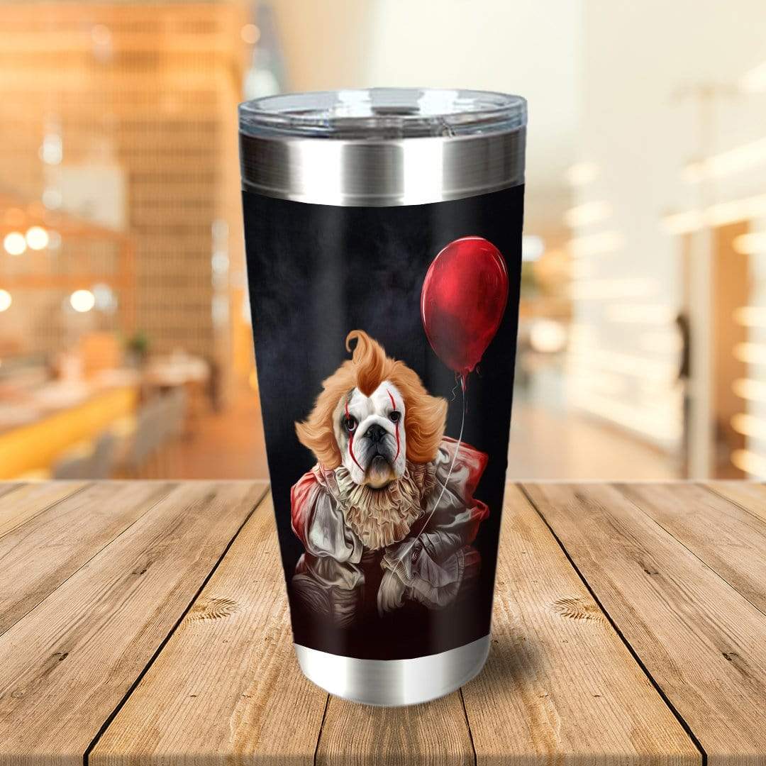 Personalized stainless steel tumbler with a custom dog portrait in a clown costume holding a red balloon.