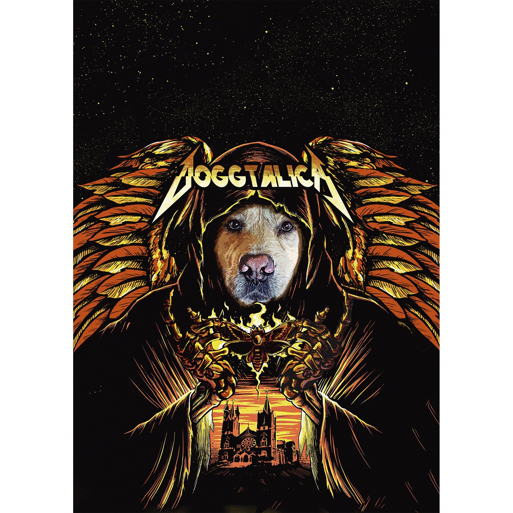 Custom 'Doggtalica' digital portrait featuring a dog's face on a dark, winged, hooded figure.