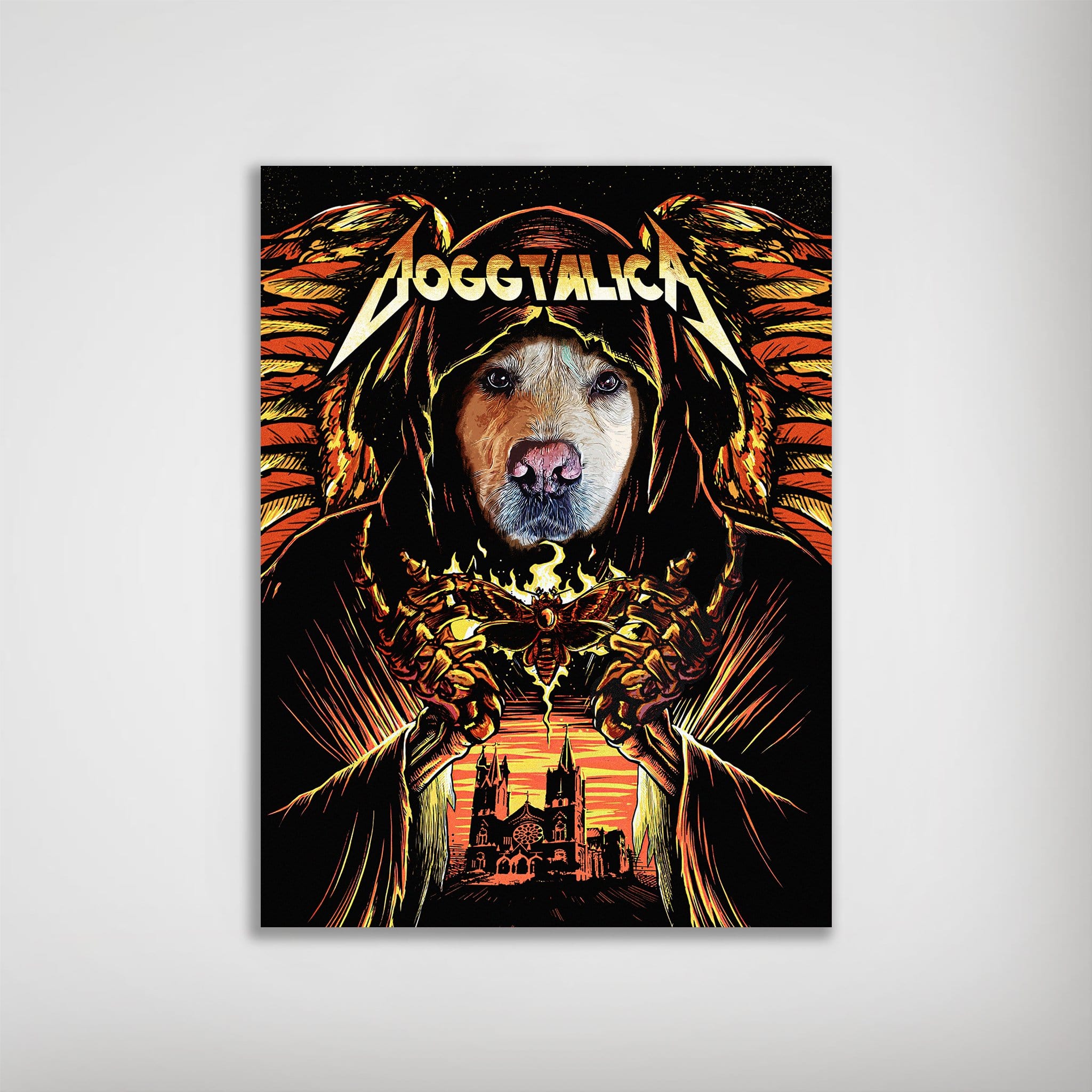 Personalized 'Doggtalica' poster featuring a dog's face in a dark hooded robe with fiery wings and a gothic church.