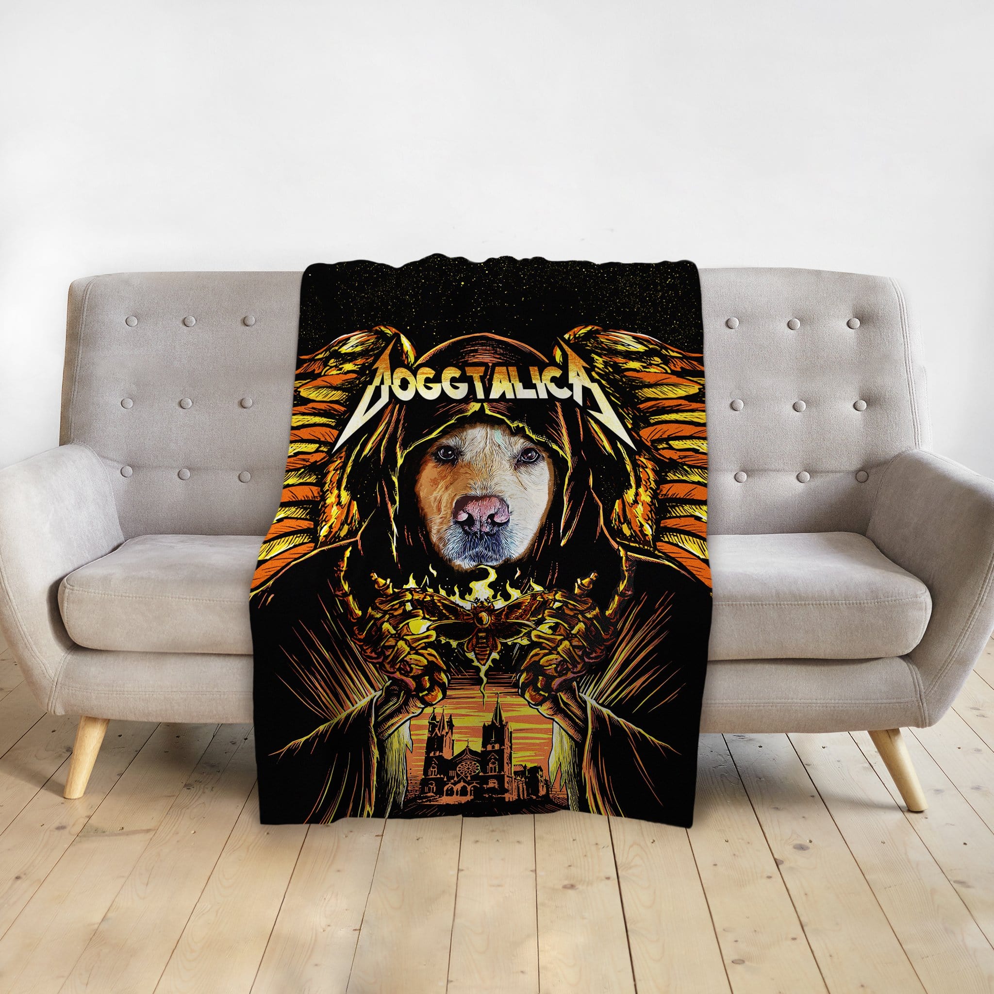 Personalized Doggtalica pet blanket with a dog in a dark, winged, hooded robe.