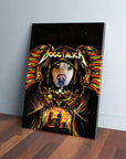 Personalized Doggtalica pet canvas featuring a dog in a dark, hooded robe with fiery wings.