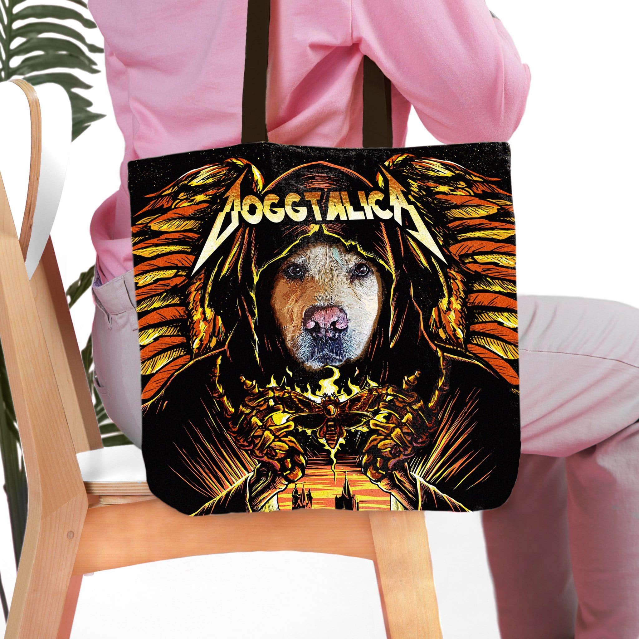 Personalized 'Doggtalica' black tote bag with a custom pet portrait in a heavy metal band style.