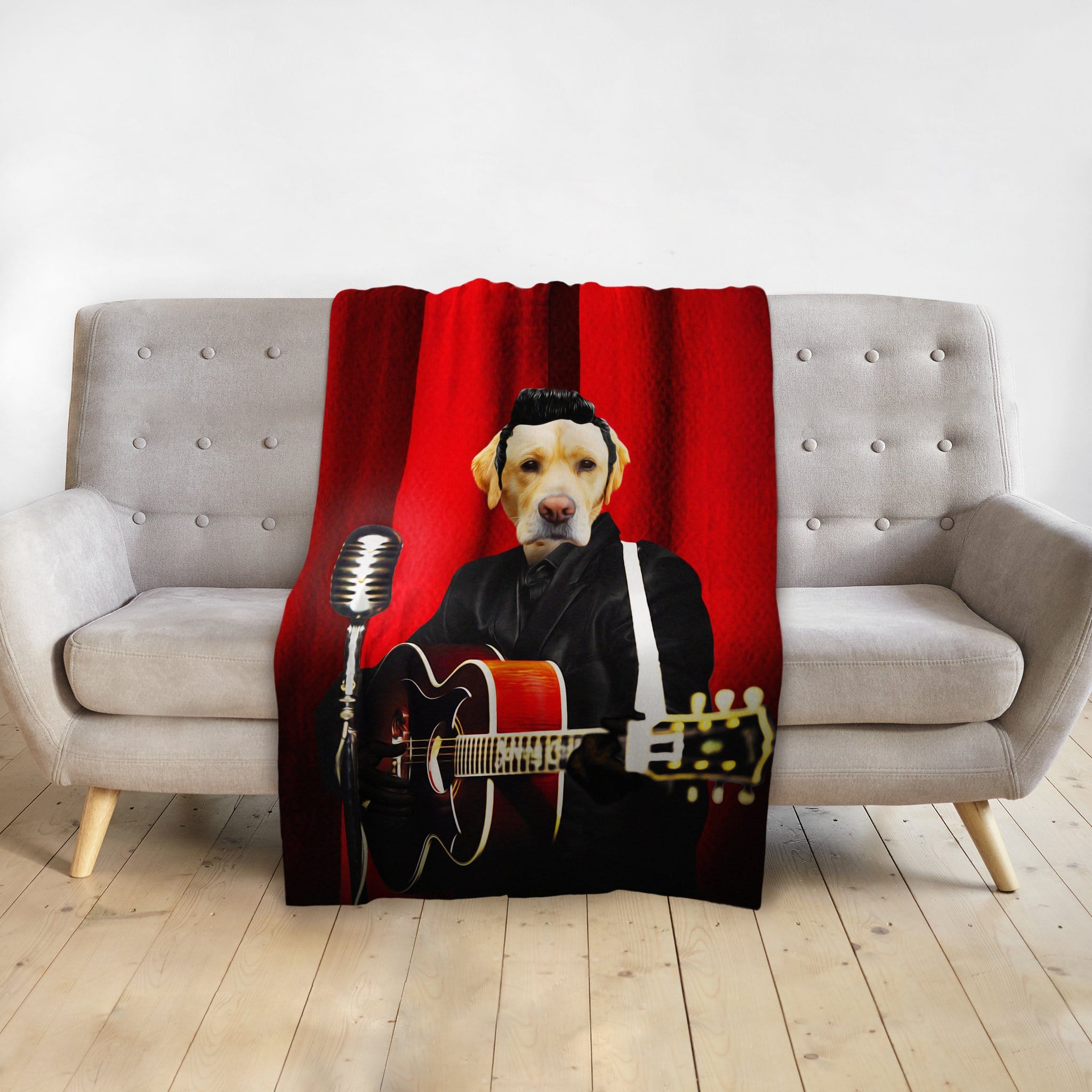 Personalized pet blanket with a yellow lab dog portrait dressed as a rock star with a guitar and microphone.