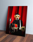 Personalized "Doggy Cash" canvas featuring a Labrador in a black suit playing guitar against a red curtain.