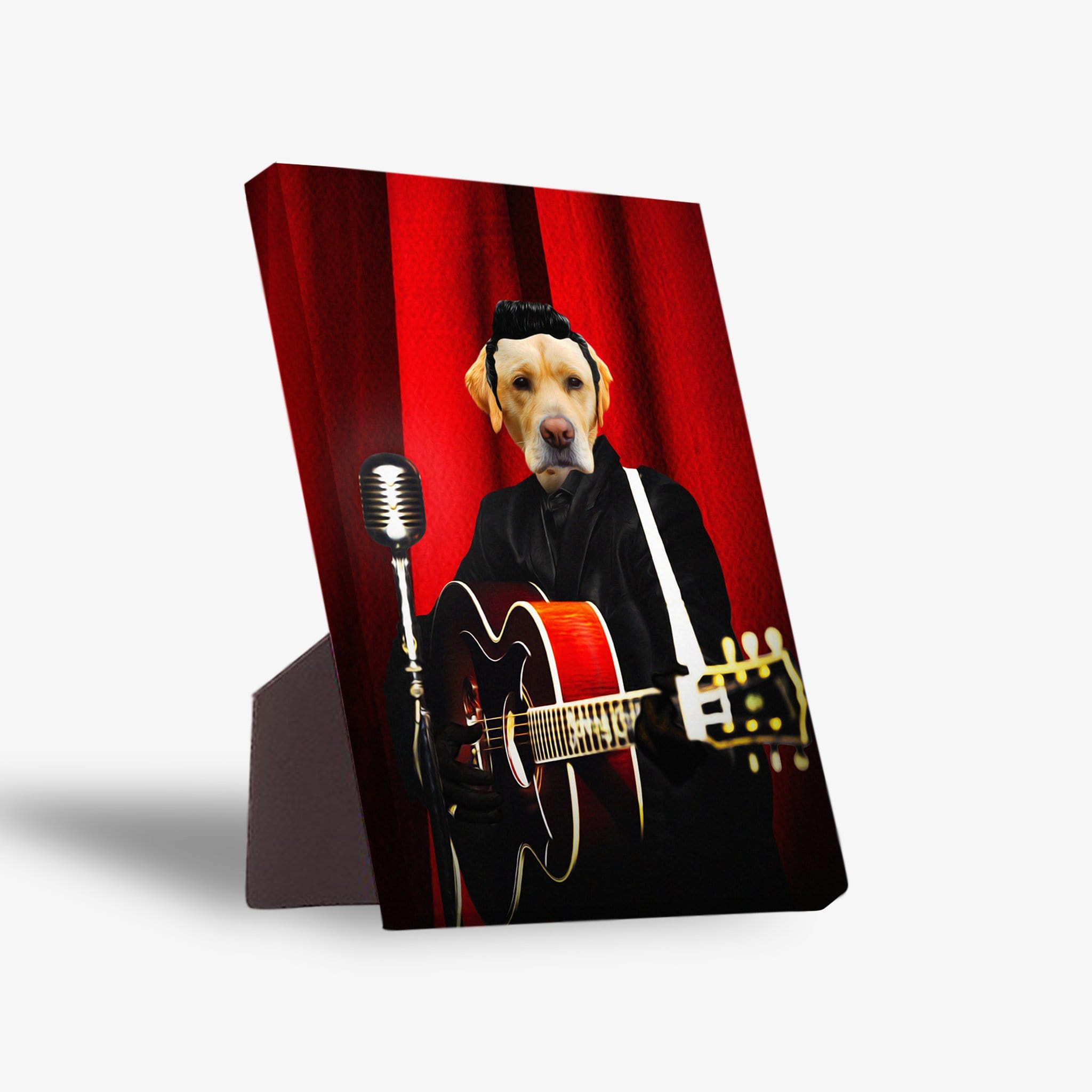 Personalized 'Doggy Cash' standing canvas featuring a yellow lab dressed as Elvis, playing a red guitar against red curtains.
