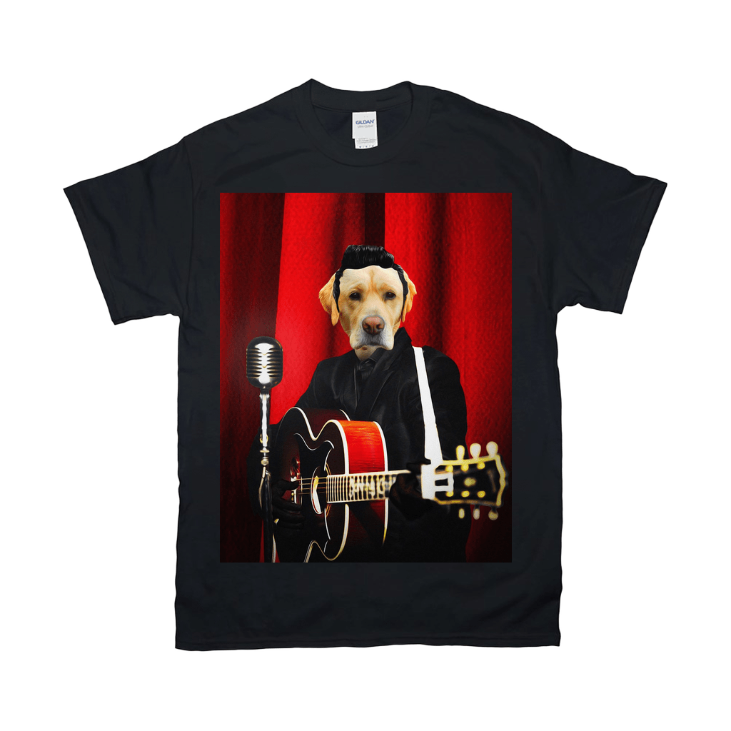 Black Gildan t-shirt with a personalized dog portrait as a rock star playing guitar against red curtains.