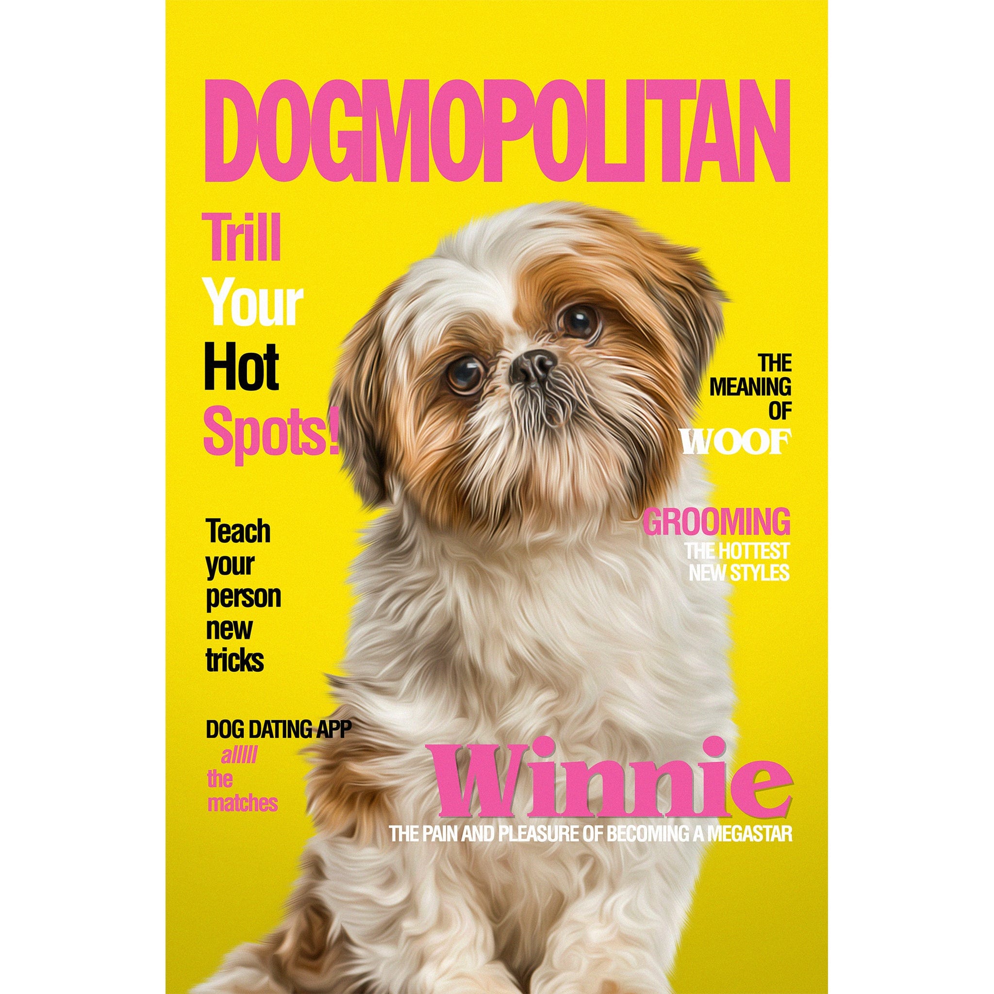 Personalized Dogmopolitan magazine cover portrait featuring a Shih Tzu dog on a yellow background.