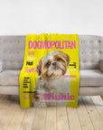 Personalized yellow pet blanket featuring a Shih Tzu dog portrait in a "Dogmopolitan" magazine cover style.