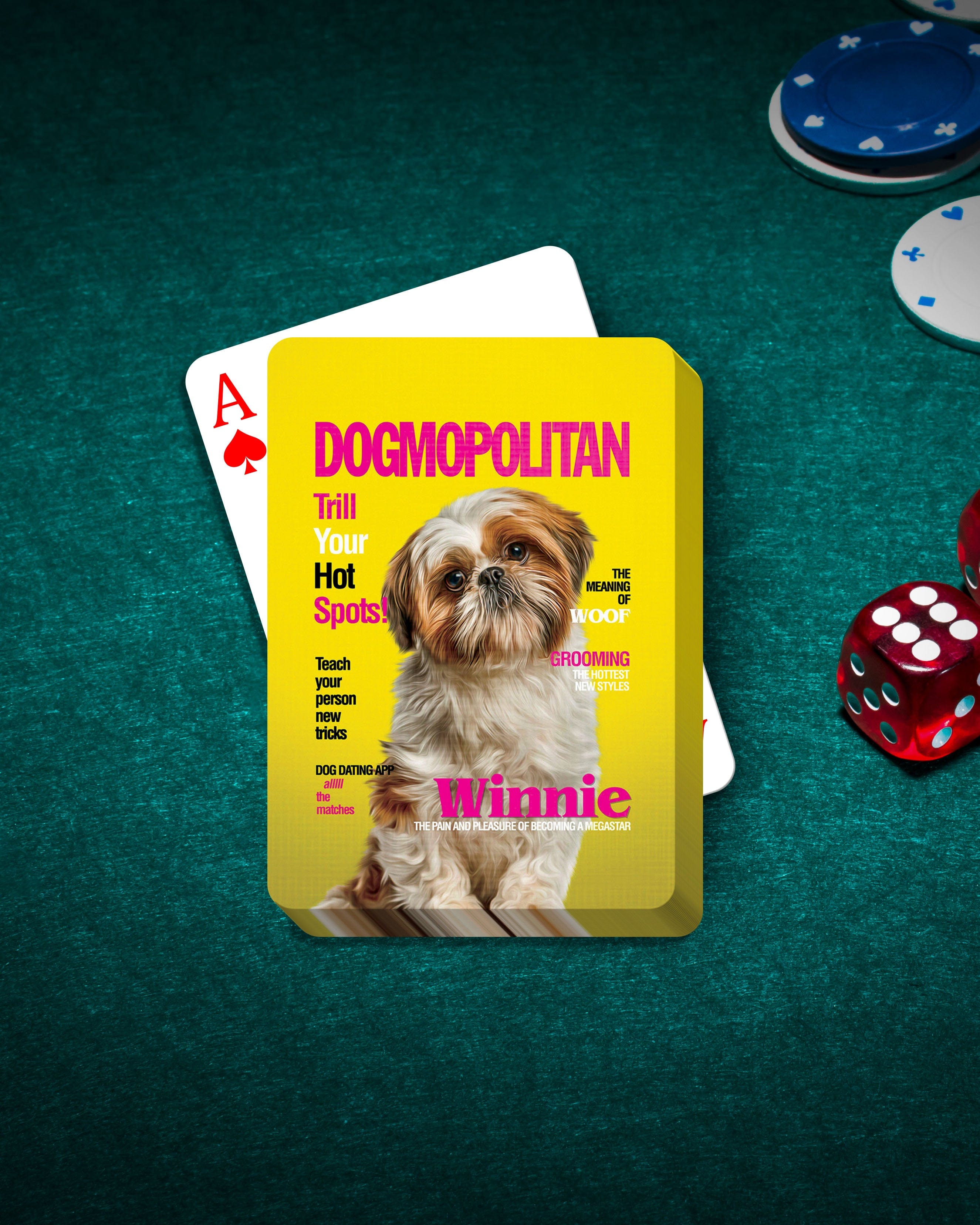 Personalized Dogmopolitan playing card featuring a Shih Tzu pet portrait on a green poker table.