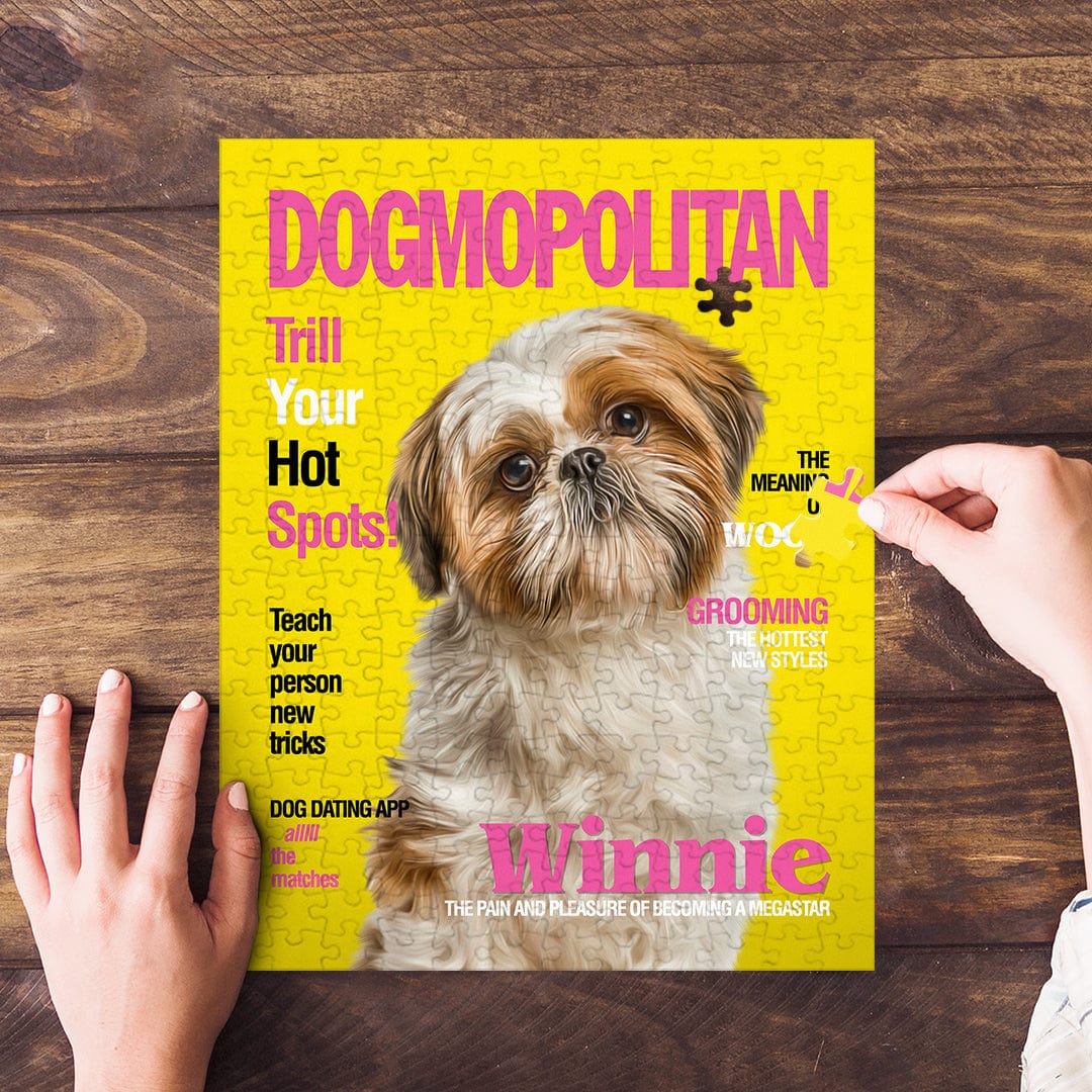 Personalized 'Dogmopolitan' puzzle featuring a Shih Tzu pet portrait on a yellow magazine cover.