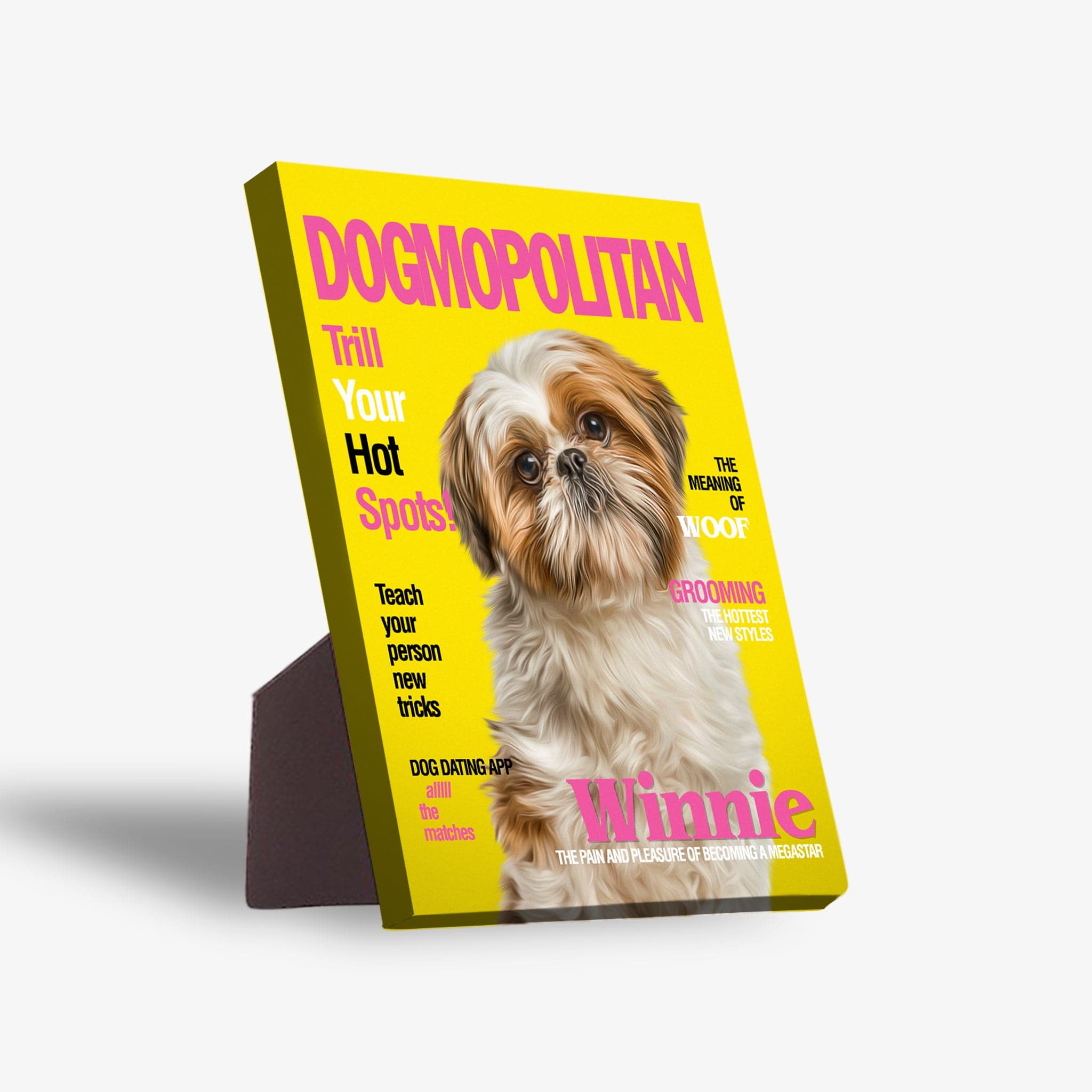 Personalized 'Dogmopolitan' standing canvas featuring a Shih Tzu, with a bright yellow magazine cover design.