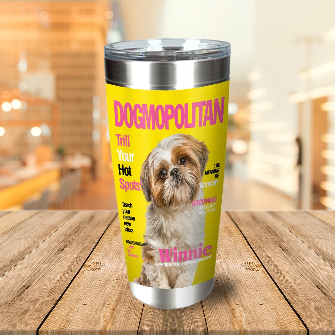 Personalized stainless steel tumbler with a Shih Tzu dog portrait on a yellow "Dogmopolitan" magazine cover design.