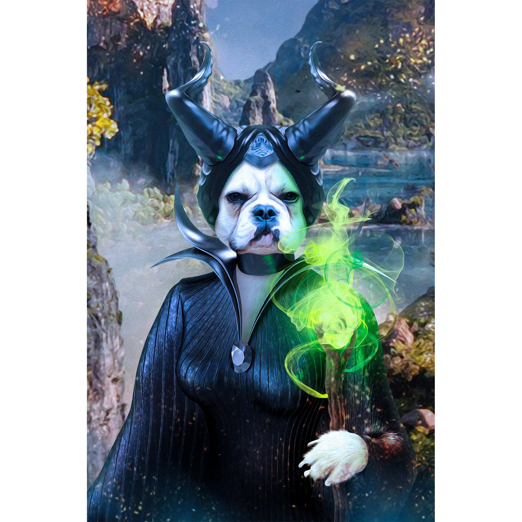 Custom digital portrait of a bulldog as Maleficent with horns and green magic.