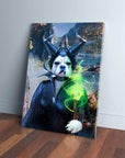 Personalized 'Dognificent' pet canvas featuring a dog dressed as Maleficent with green smoke.
