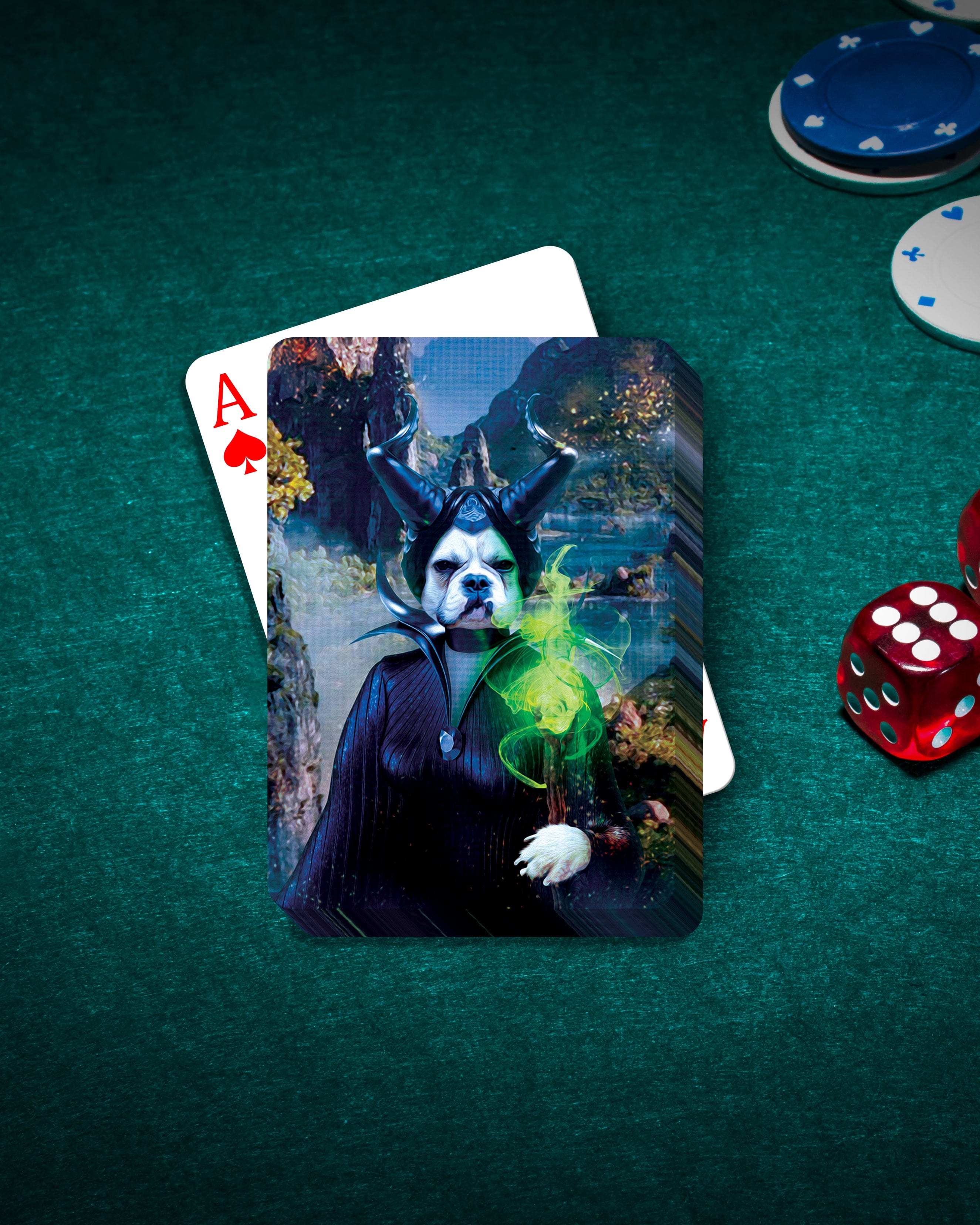 Personalized playing card featuring a dog in a Maleficent-style costume on a green felt table with poker chips and dice.