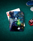 Personalized playing card featuring a dog in a Maleficent-style costume on a green felt table with poker chips and dice.