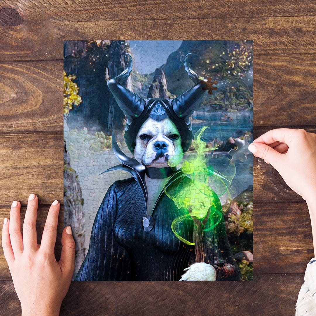 Custom personalized pet puzzle featuring a dog in a Maleficent-style portrait, being assembled on wood.