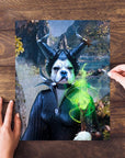 Custom personalized pet puzzle featuring a dog in a Maleficent-style portrait, being assembled on wood.