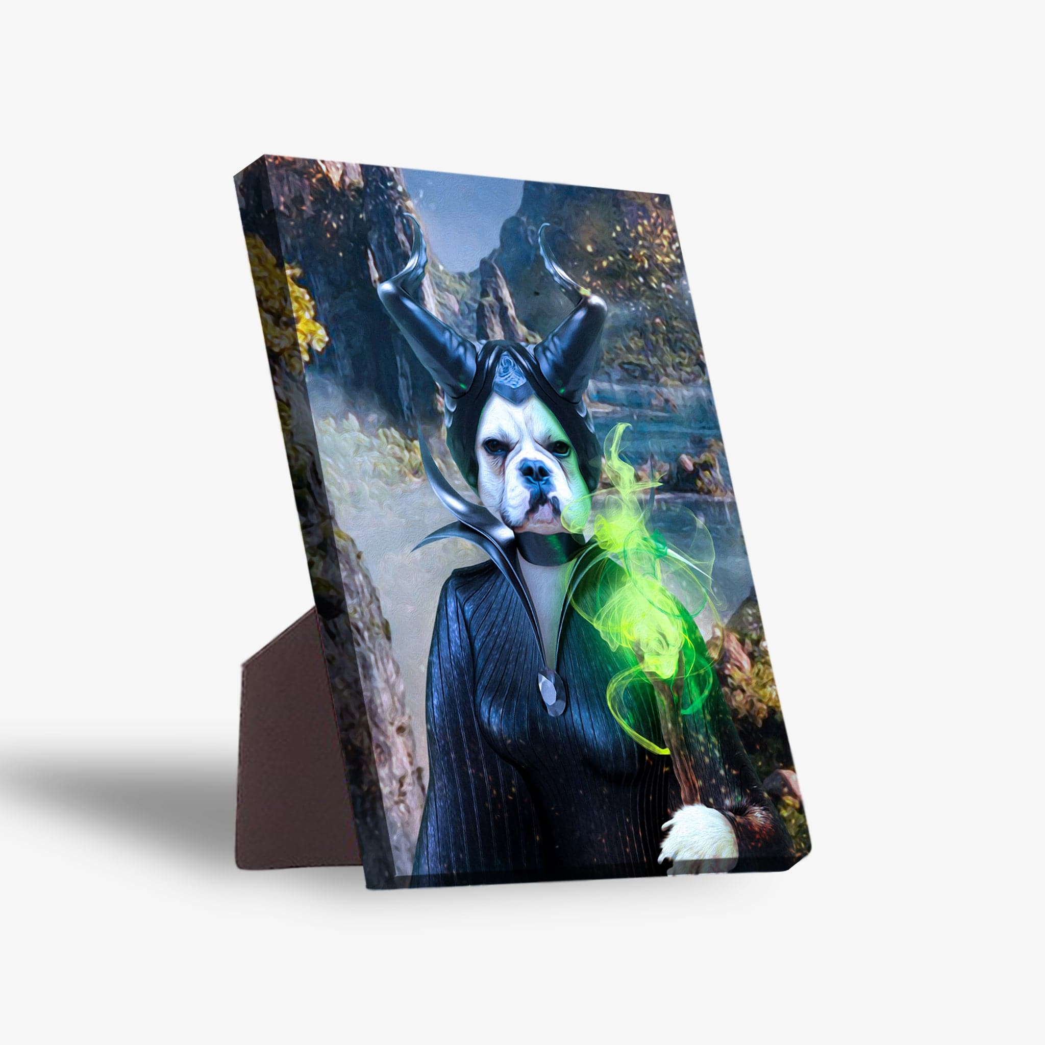 Personalized pet standing canvas featuring a dog in a Maleficent costume with green magic.
