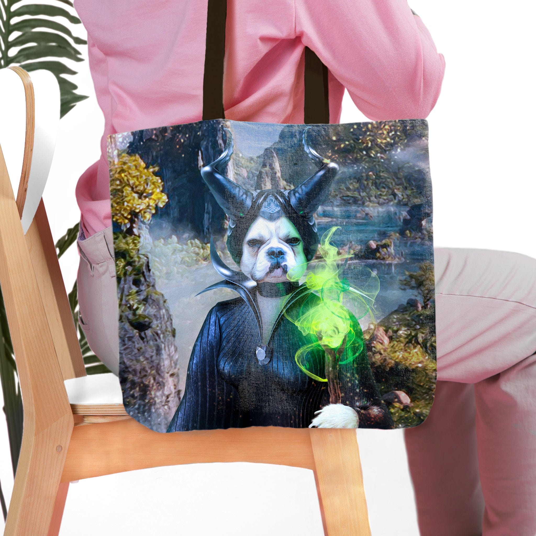 Personalized tote bag featuring a custom royal renaissance portrait of a Boston Terrier dog as Maleficent.