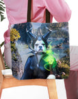 Personalized tote bag featuring a custom royal renaissance portrait of a Boston Terrier dog as Maleficent.