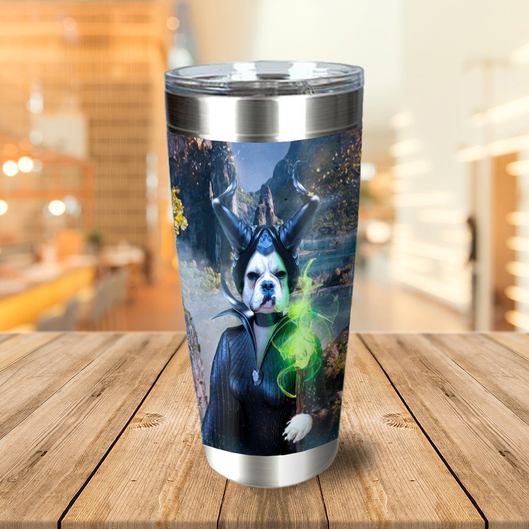 Personalized stainless steel tumbler with a custom dog portrait in a Maleficent-style costume.