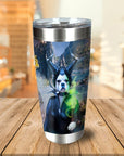 Personalized stainless steel tumbler with a custom dog portrait in a Maleficent-style costume.