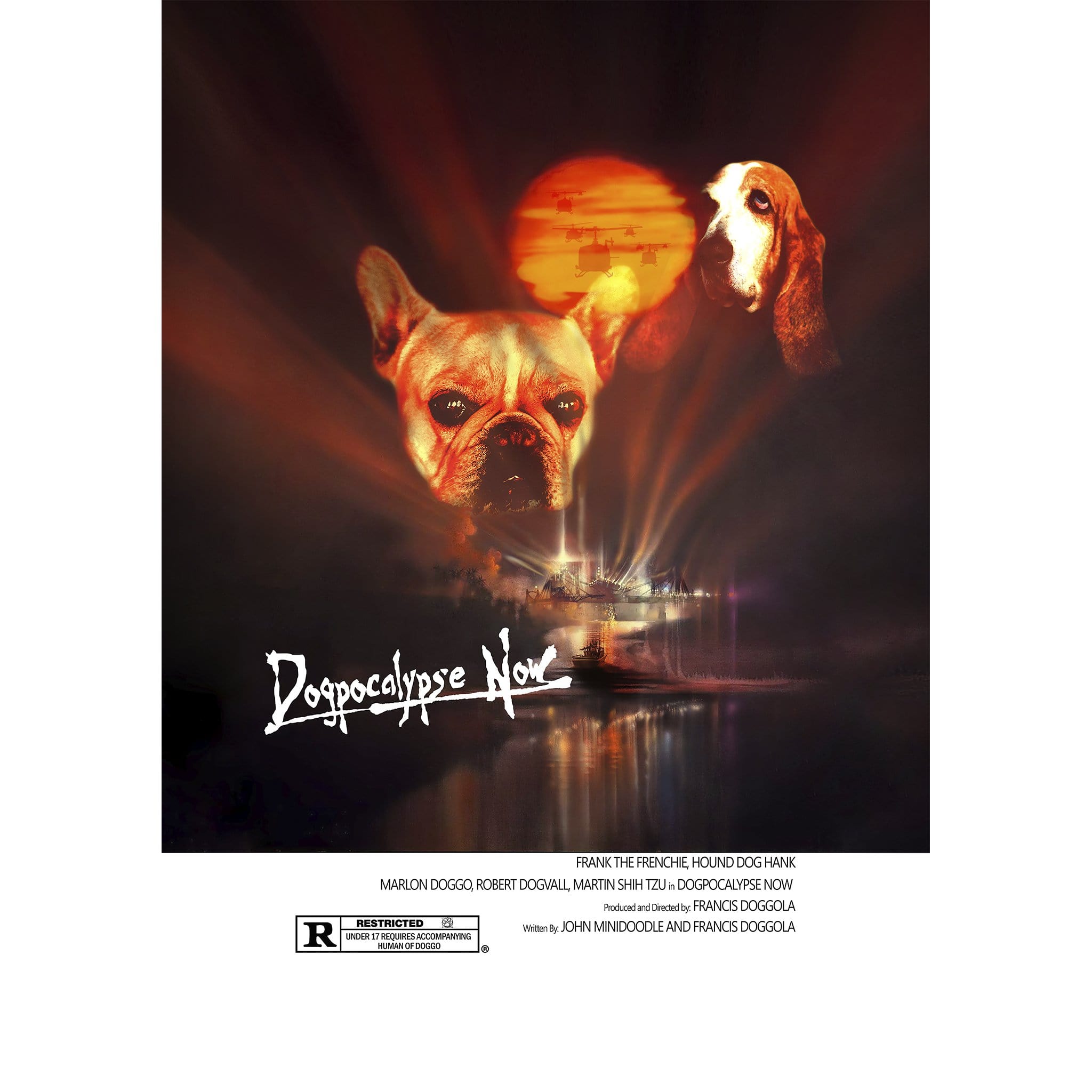 Custom 'Dogpocalypse Now' digital portrait featuring a Frenchie and Basset Hound in a movie poster style.