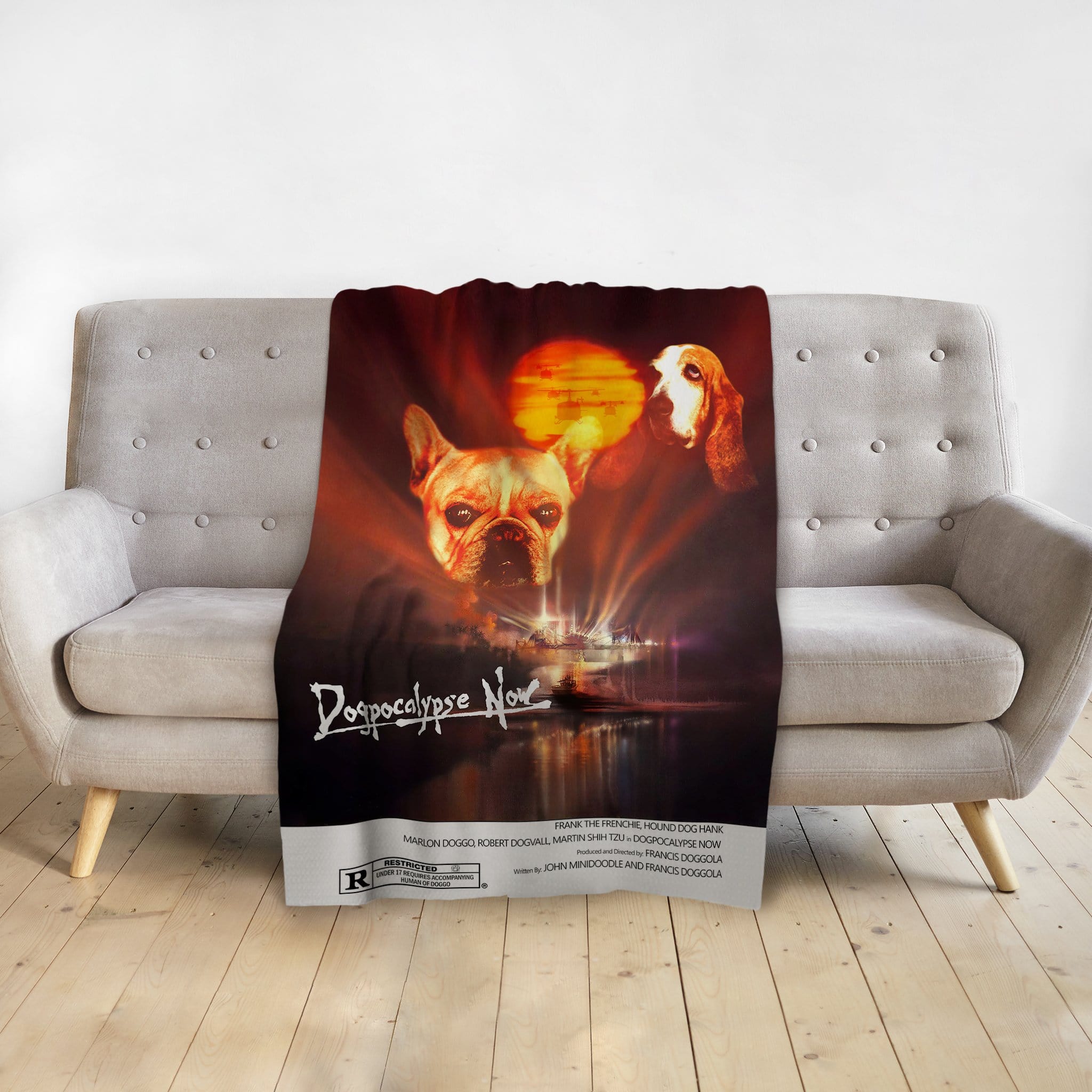 Personalized 'Dogpocalypse Now' blanket with a French Bulldog and Basset Hound pet portrait in a movie poster style.