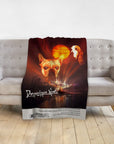 Personalized 'Dogpocalypse Now' blanket with a French Bulldog and Basset Hound pet portrait in a movie poster style.
