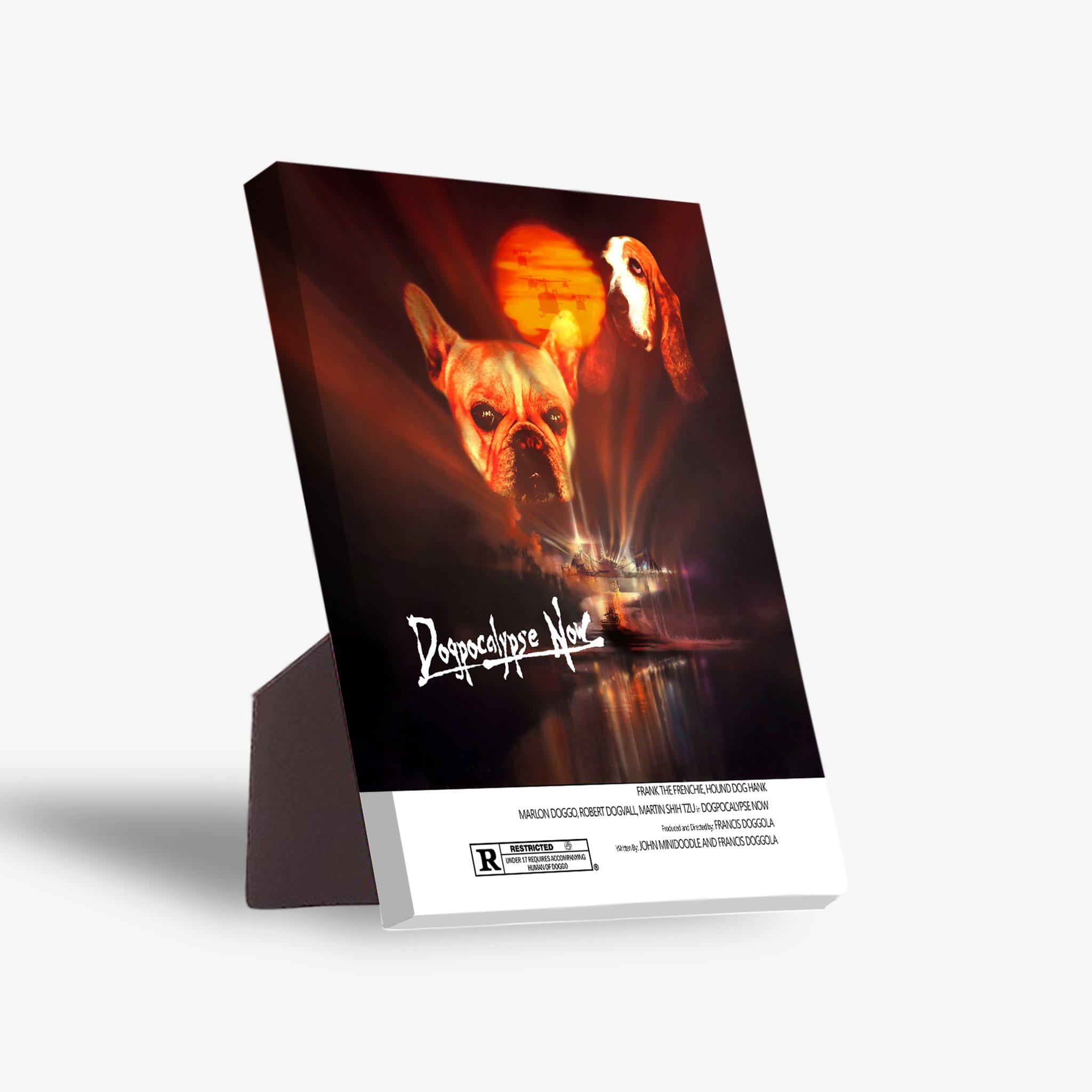 Personalized 'Dogpocalypse Now' standing canvas featuring two pets, a French Bulldog and a Basset Hound, under a fiery orange sky.