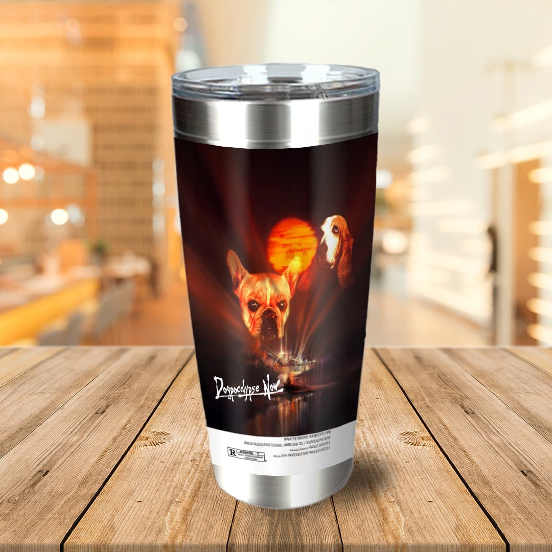 Personalized stainless steel tumbler with a custom pet portrait in a "Dogpocalypse Now" movie poster style.