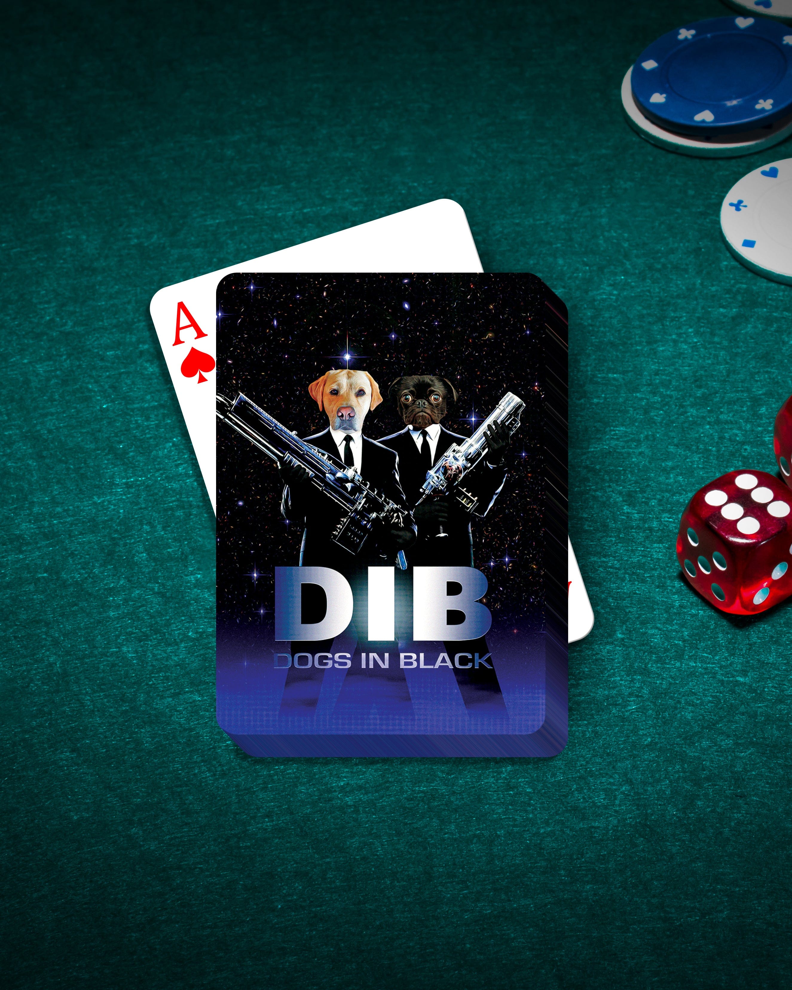 Custom personalized playing cards featuring two dogs in black suits with guns, on a green poker table with chips and dice.