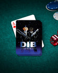 Custom personalized playing cards featuring two dogs in black suits with guns, on a green poker table with chips and dice.