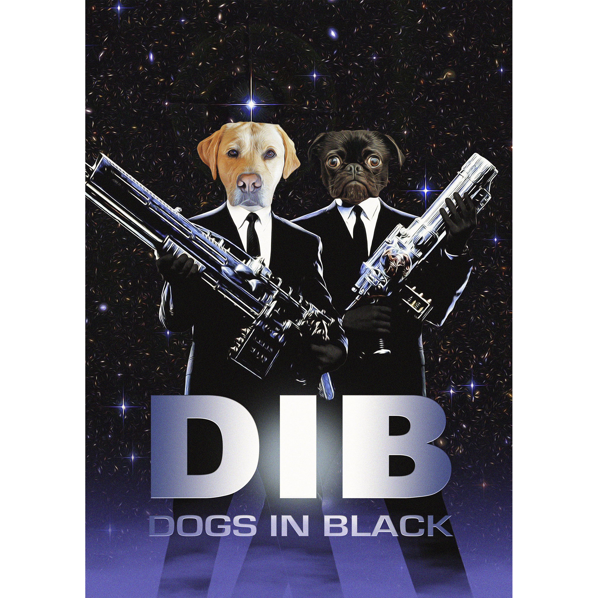 Custom digital portrait of two dogs in black suits holding guns, "Dogs in Black" parody.