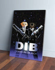 Personalized "Dogs in Black" canvas featuring two pets in suits holding futuristic guns against a starry background.