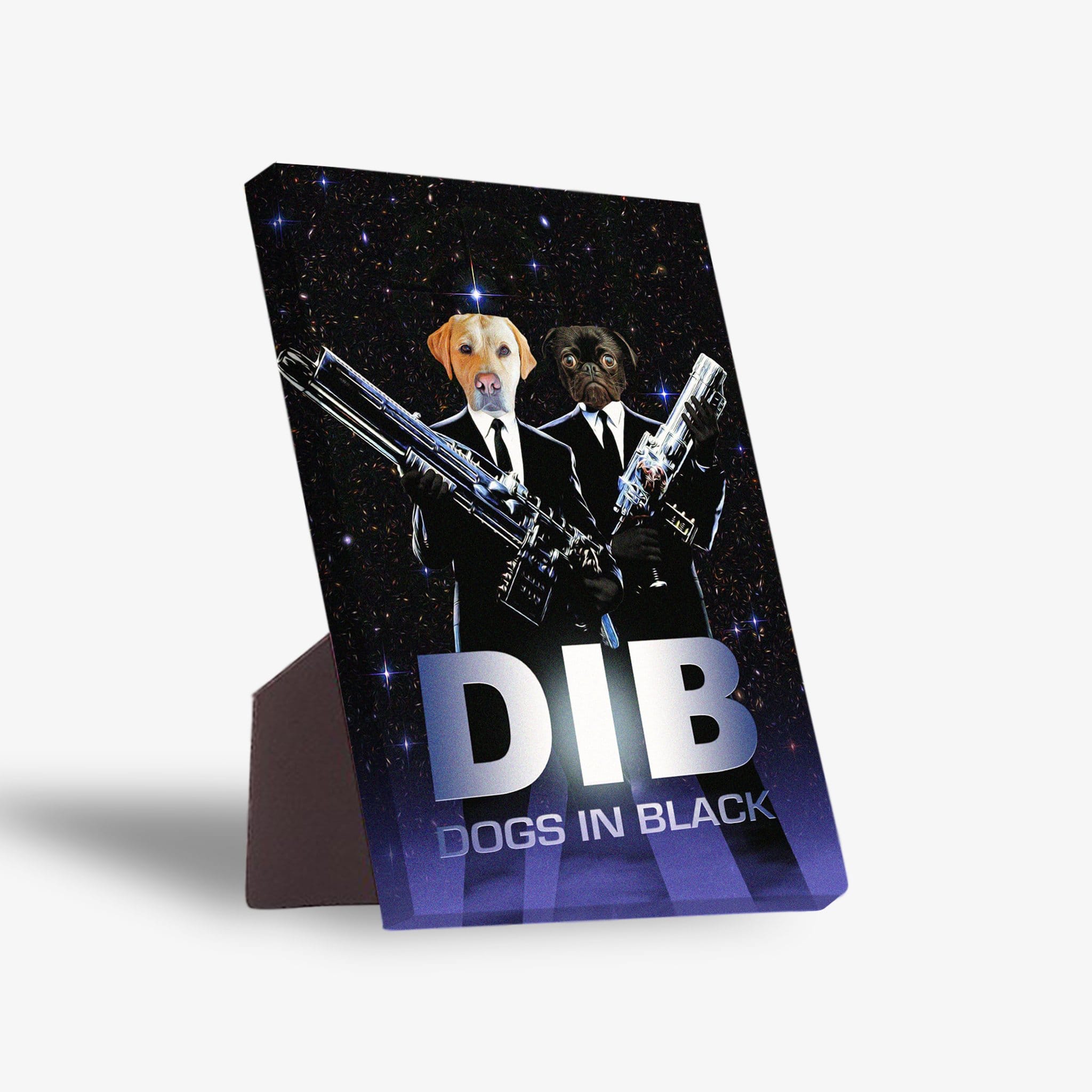 Personalized 'Dogs in Black' standing canvas featuring two pets in suits with laser guns against a starry background.