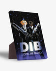 Personalized 'Dogs in Black' standing canvas featuring two pets in suits with laser guns against a starry background.