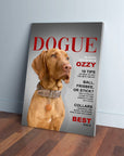 Personalized Dogue pet canvas featuring a Vizsla dog in a silver collar, leaning against a gray wall.