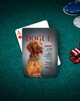 Custom Dogue playing cards with a Vizsla dog portrait on a magazine-style cover, on a green felt table.