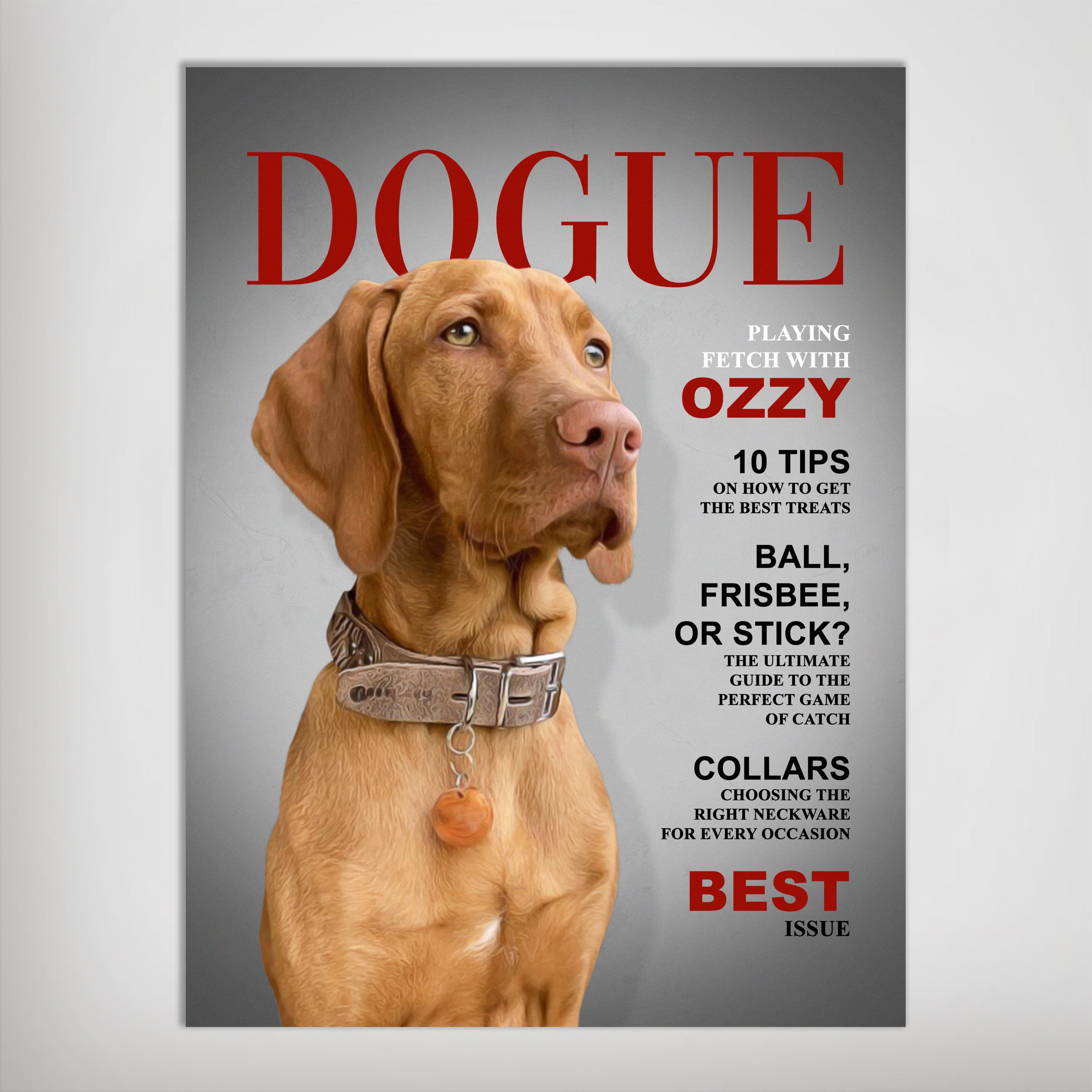 Custom Dogue pet poster featuring a Vizsla dog on a magazine cover with red text.