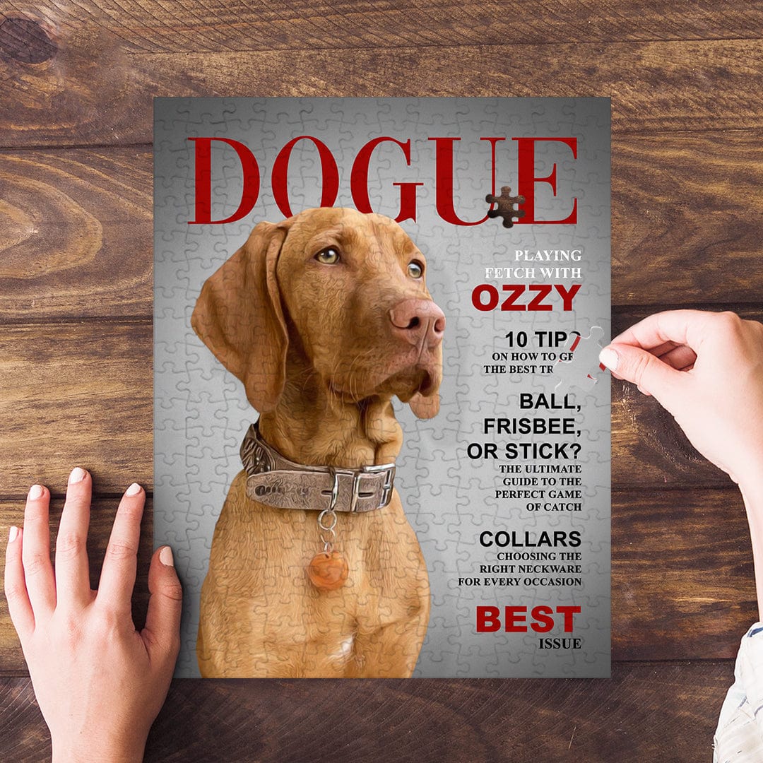 Personalized 'Dogue' magazine cover puzzle featuring a Vizsla dog, assembled on a wooden surface.