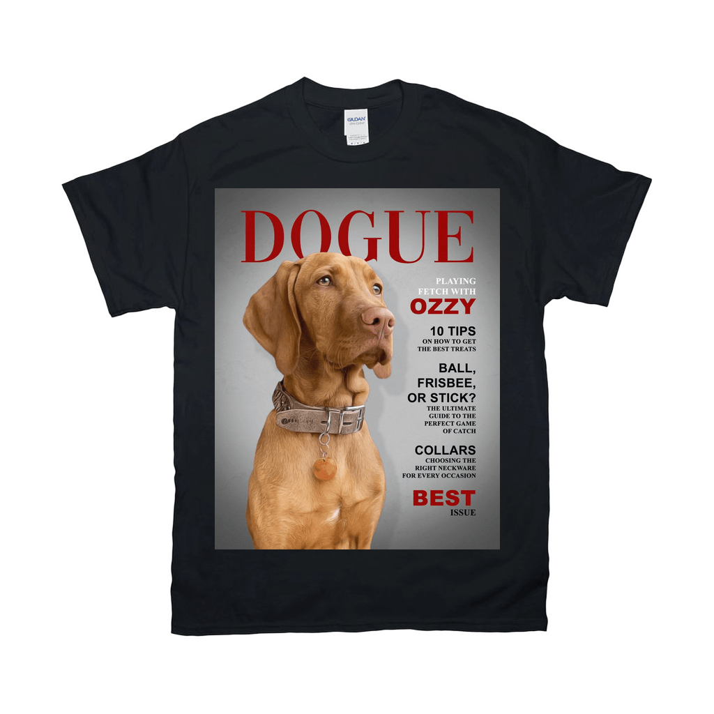 Black Gildan t-shirt featuring a personalized "Dogue" magazine cover design with a brown Vizsla dog.