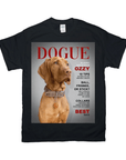 Black Gildan t-shirt featuring a personalized "Dogue" magazine cover design with a brown Vizsla dog.