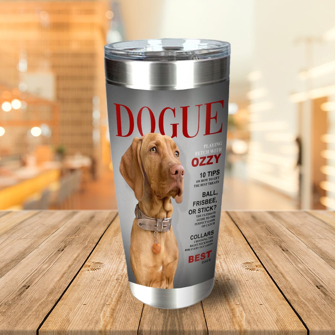 Personalized stainless steel tumbler with a Vizsla dog on a "Dogue" magazine cover design.