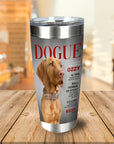 Personalized stainless steel tumbler with a Vizsla dog on a "Dogue" magazine cover design.