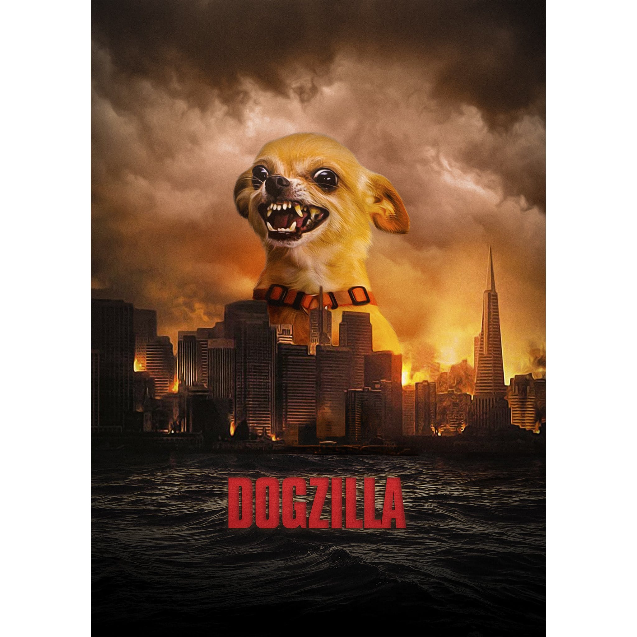 Custom Dogzilla digital portrait featuring a chihuahua over a burning city.