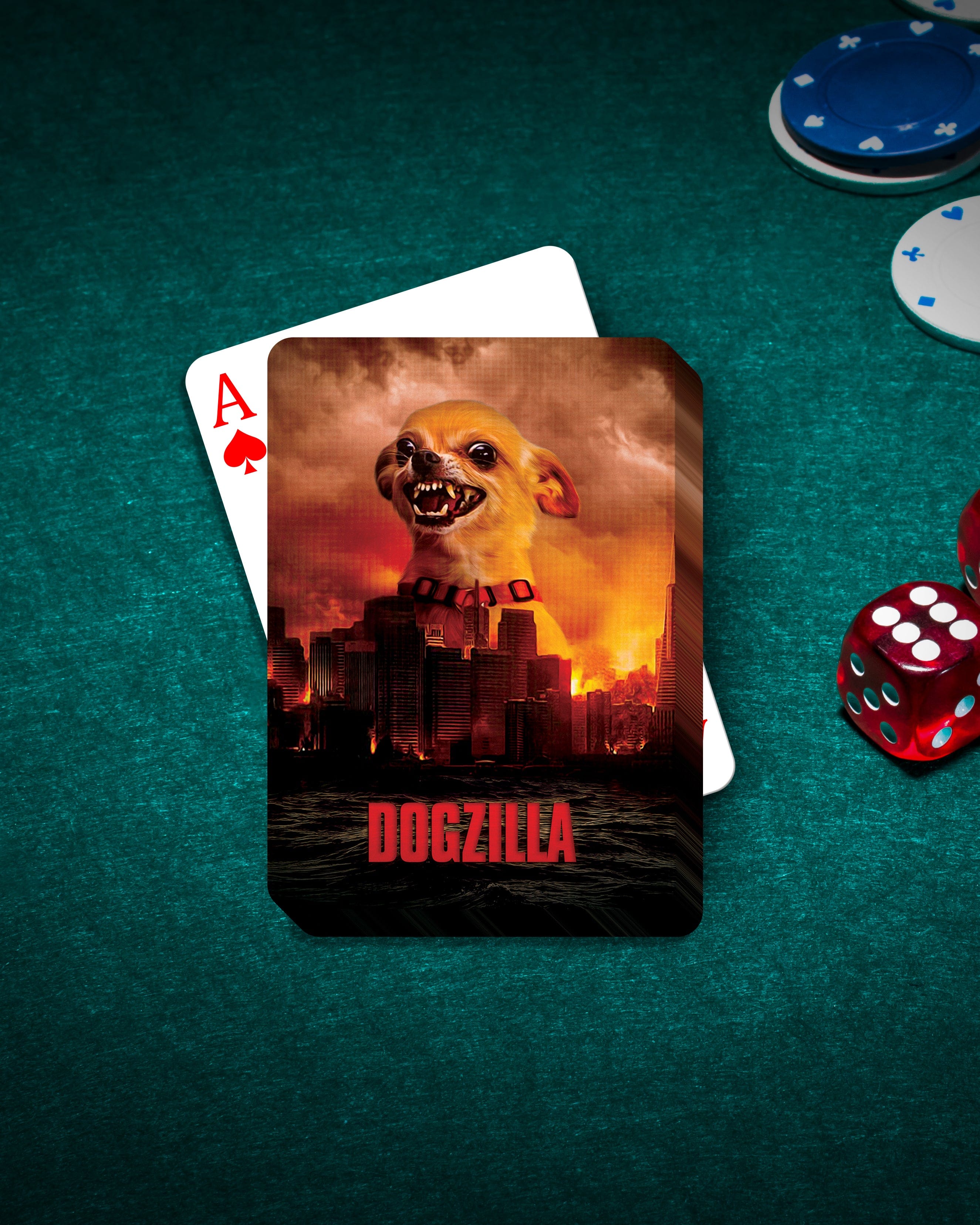Personalized Dogzilla playing card featuring a chihuahua in a monster movie style, on a green poker table with chips and dice.